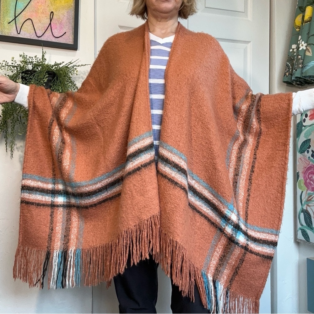 Free People Rust Plaid Fringe Blanket Poncho One Size Like New